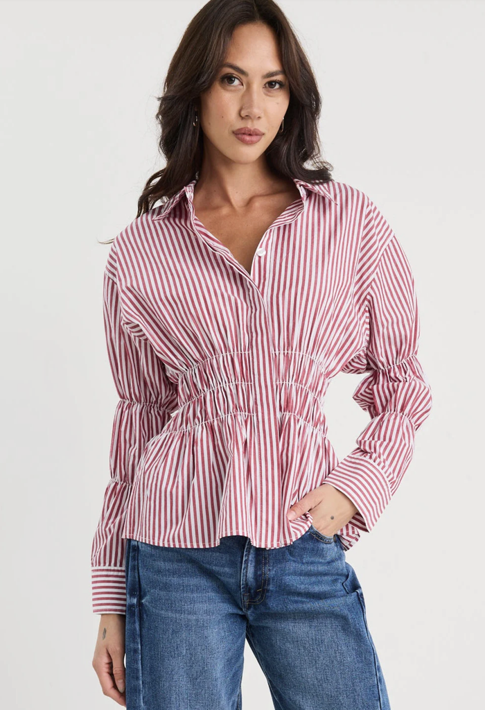 Storie Be Told Composite Shirred Body Button Through Shirt in Burgundy Plum Stripe | Women's Tops | Gretel Lane