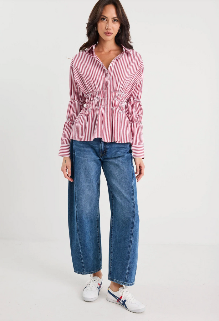 Storie Be Told Composite Shirred Body Button Through Shirt in Burgundy Plum Stripe | Women's Tops | Gretel Lane