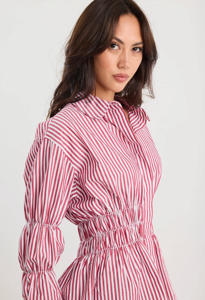 Storie Be Told Composite Shirred Body Button Through Shirt in Burgundy Plum Stripe | Women's Tops | Gretel Lane