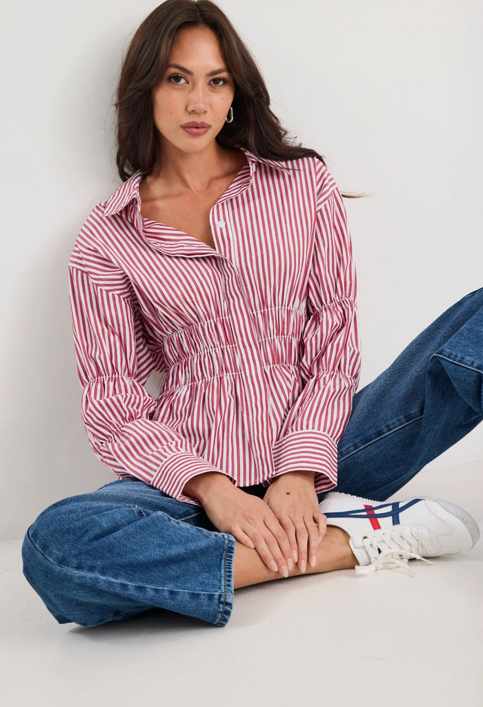 Storie Be Told Composite Shirred Body Button Through Shirt in Burgundy Plum Stripe | Women's Tops | Gretel Lane