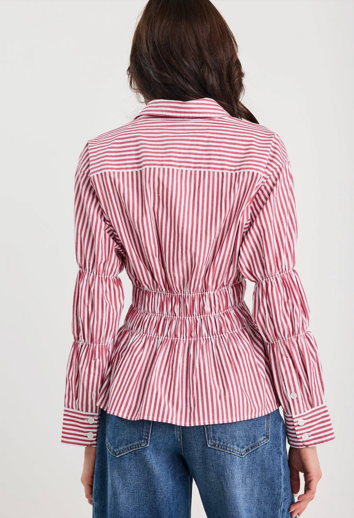 Storie Be Told Composite Shirred Body Button Through Shirt in Burgundy Plum Stripe | Women's Tops | Gretel Lane