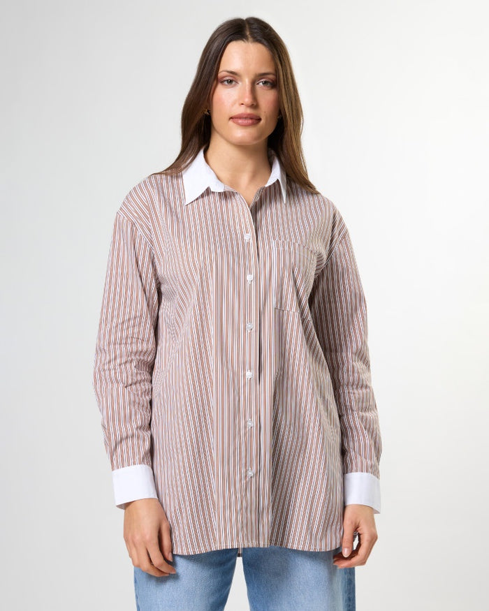 Stella + Gemma Connery Button Through Stripe Shirt in Boardroom Browns | Women's Shirts | Gretel Lane
