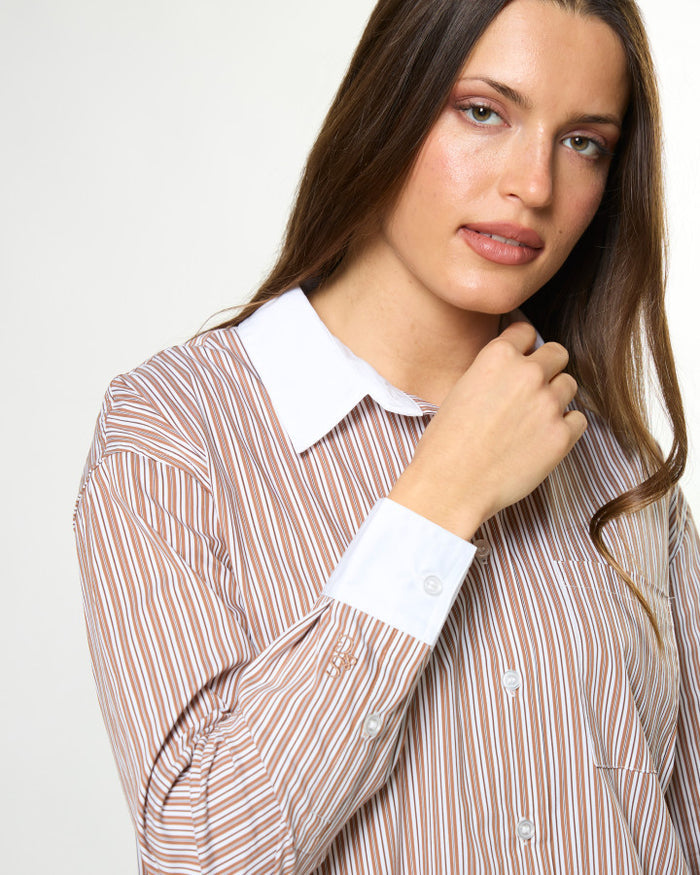 Stella + Gemma Connery Button Through Stripe Shirt in Boardroom Browns | Women's Shirts | Gretel Lane