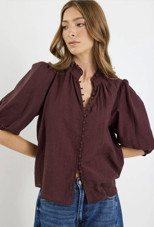 Ivy + Jack Continuance High Neck Buttoned Short Sleeve Top Chocolate | Women's tops | Gretel Lane