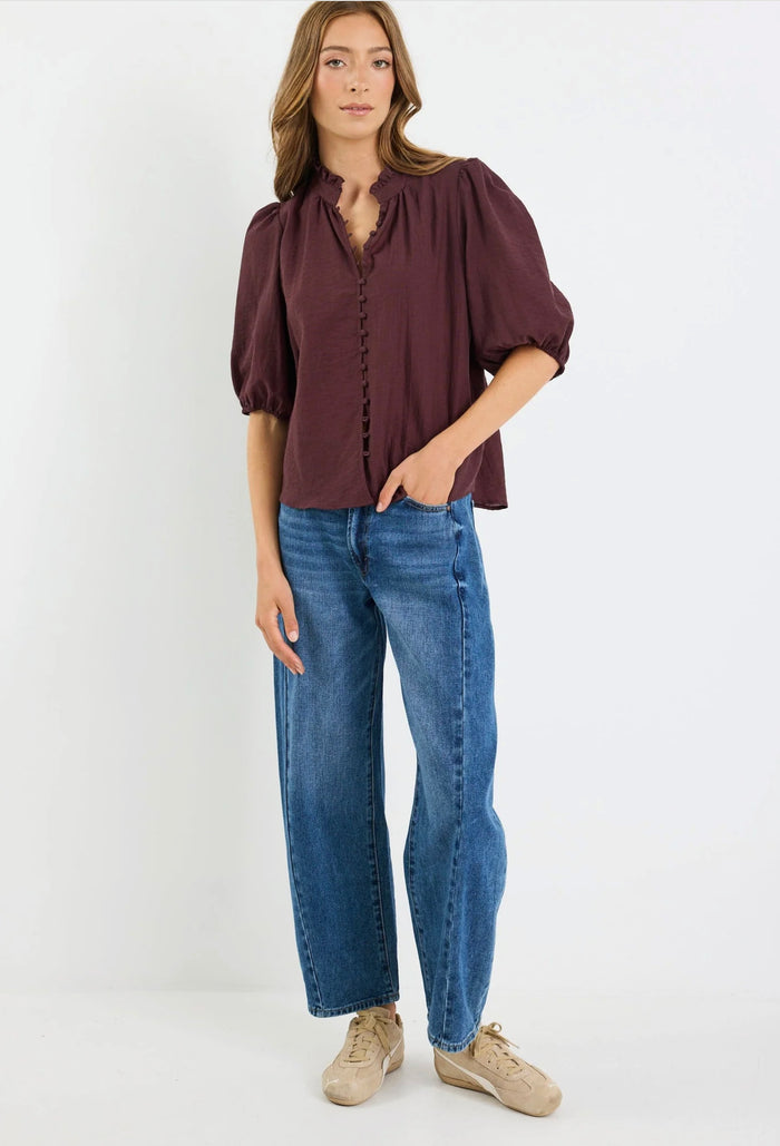 Ivy + Jack Continuance High Neck Buttoned Short Sleeve Top Chocolate | Women's tops | Gretel Lane