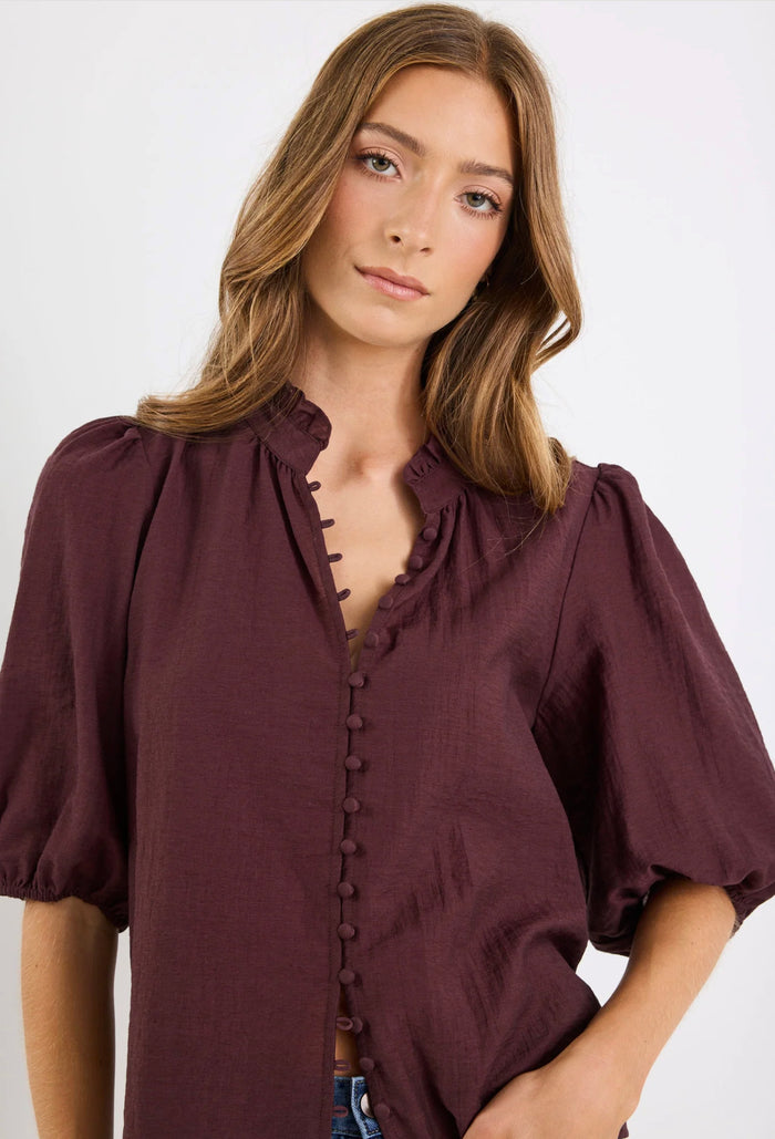 Ivy + Jack Continuance High Neck Buttoned Short Sleeve Top Chocolate | Women's tops | Gretel Lane