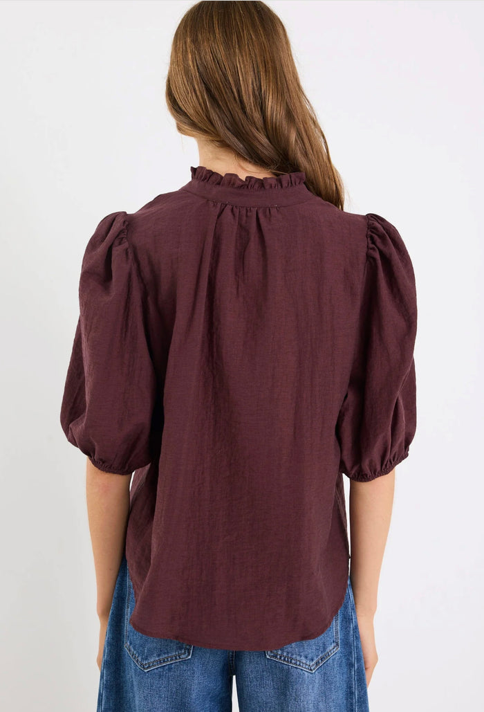 Ivy + Jack Continuance High Neck Buttoned Short Sleeve Top Chocolate | Women's tops | Gretel Lane