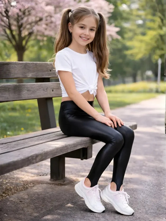 Crazy Chick Girls Shiny Stirrup Black Leggings