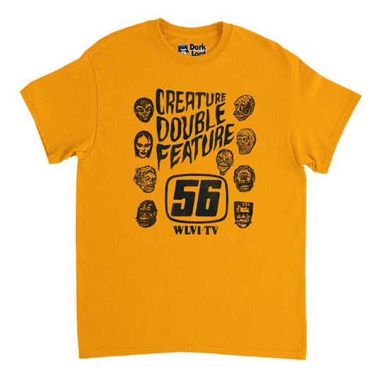 A retro, yellow colored 80s style t-shirt that says "Creature Double Feature", includes an image of the Channel 56 from WLVI TV, and 9 heads of various monsters, creatures, zombies, and scary animals. References the horror television show from 1972.