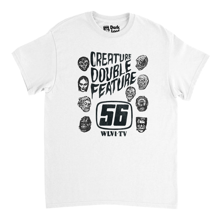 A retro, short sleeved 70s style white colored t-shirt that says "Creature Double Feature" in creepy looking letters surrounded by images of zombies, monsters, and animals, and the station channel "56" and "WLVI-TV". References the iconic horror television show from the 1972.