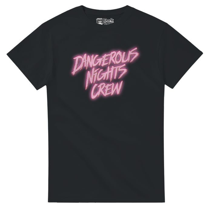 A retro, black colored souvenir t-shirt that says "Dangerous Nights Crew" in neon pink letters. References the sketch comedy television series "I Think You Should Leave" created by Tim Robinson and Zach Kanin starring Patti Harrison, Biff Wiff, Andy Samberg, and Lauri Hendler, and the song "Dangerous Knife (The Night Is A Knife)" by the band Vampire Weekend and frontman Ezra Koenig shown in the Baby Cries sketch from Season 2.