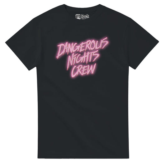 A retro, black colored souvenir t-shirt that says "Dangerous Nights Crew" in neon pink letters. References the sketch comedy television series "I Think You Should Leave" created by Tim Robinson and Zach Kanin starring Patti Harrison, Biff Wiff, Andy Samberg, and Lauri Hendler, and the song "Dangerous Knife (The Night Is A Knife)" by the band Vampire Weekend and frontman Ezra Koenig shown in the Baby Cries sketch from Season 2.