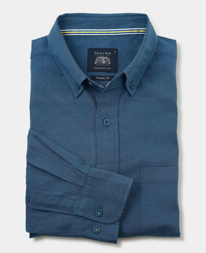 Men's Dark Blue Linen Cotton Classic Fit Button-Down Casual Shirt folded
