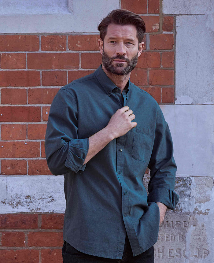 Men's Dark Blue Linen Cotton Classic Fit Button-Down Casual Shirt model shot