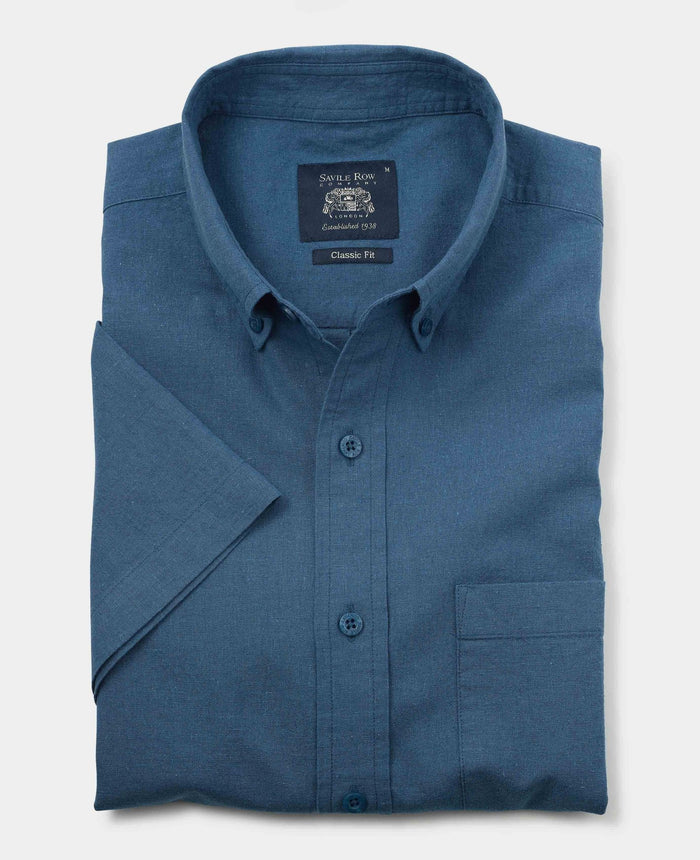Men's Dark Blue Linen Cotton Classic Fit Short Sleeve Casual Shirt folded