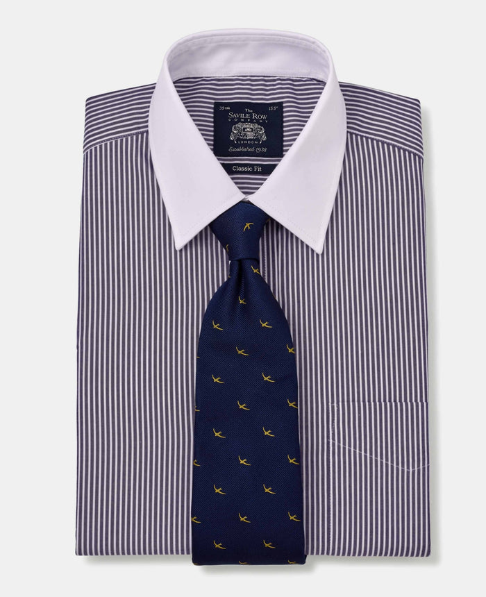 Men's Navy & White Stripe Cotton Classic Fit Winchester Formal Shirt With Double Cuffs