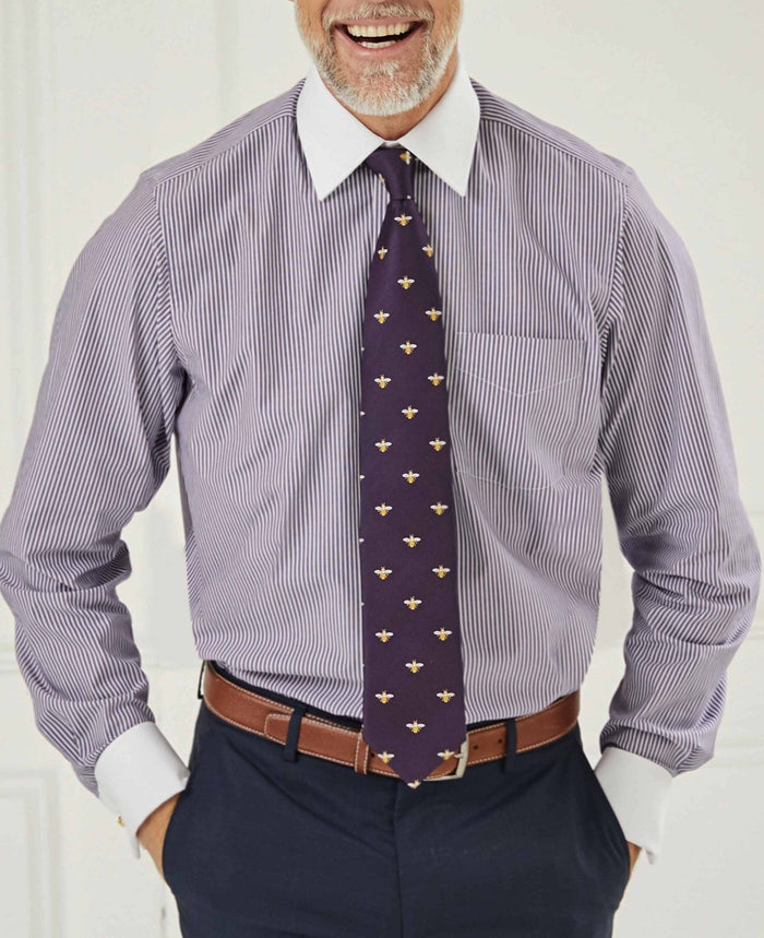 Dark Navy White Stripe Cotton Poplin Classic Fit Formal Shirt - Double White Cuff & White Collar