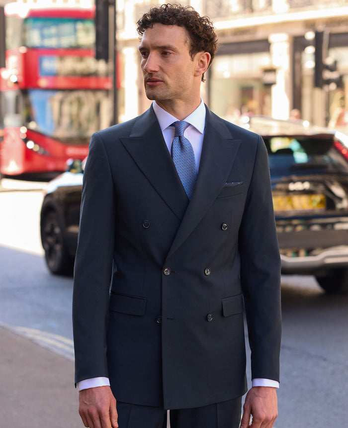 Dark Navy Wool Blend Tailored Double Breasted Suit Jacket