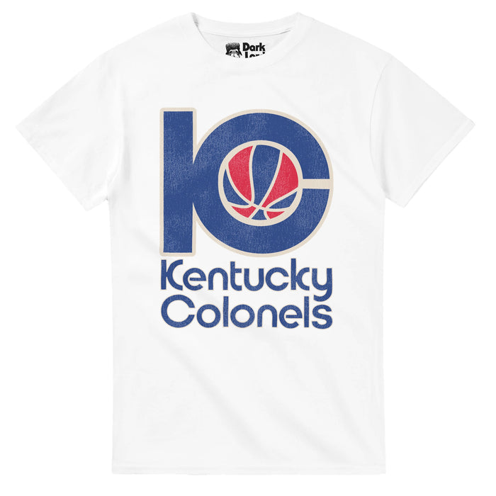 A retro, white colored short sleeved 80s style t-shirt that says "Kentucky Colonels" underneath the blue KC logo with a red and blue basketball inside the C. References the former American Basketball Association (ABA) professional team from 1967-1976 based in Louisville, Kentucky