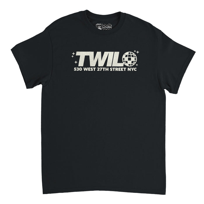 A retro, 80s style black colored t-shir t that says "TWILO" with a disco ball for the "o", small stars on both sides of the word, and the address "530 West 27th Street NYC". References the iconic Twilo nightclub in Chelsea that ran from 1955-2001 and was one of the most popular, most famous venues and dance floors in New York City.