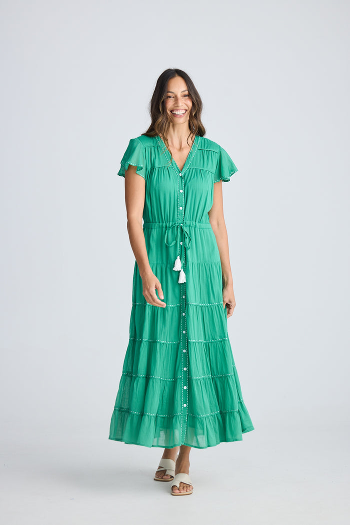 Holiday Delilah Dress in Jade Green | 100% Cotton Maxi Dress with Flutter Sleeves | Women's Clothing Australia