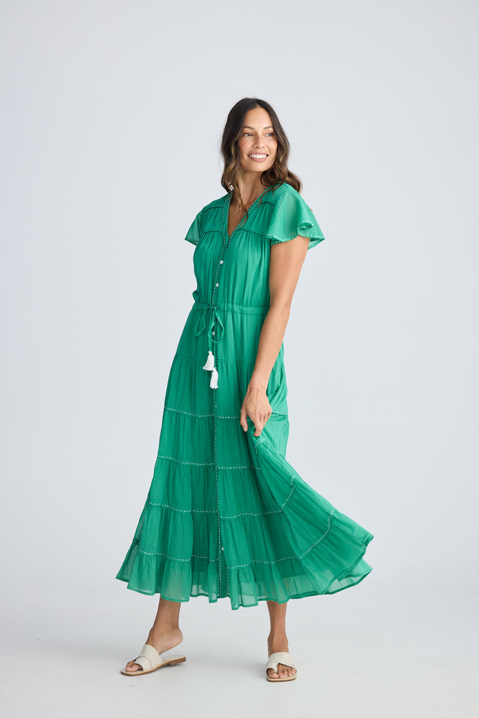 Holiday Delilah Dress | Jade Green Button-Front Maxi Dress with Drawstring Waist | Women’s Dresses Australia