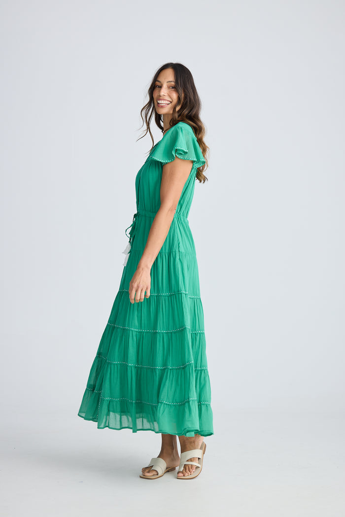 Holiday Delilah Dress | Jade Green Cotton V-Neck Maxi Dress with Flutter Sleeves | Women's Online Clothing Store Australia
