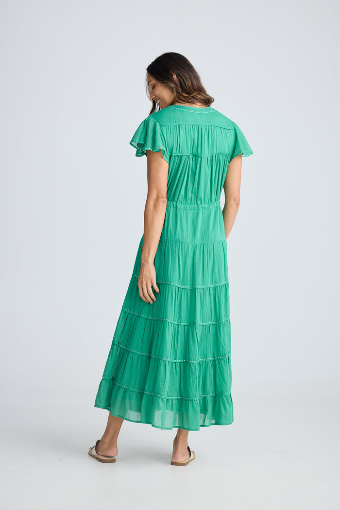 Holiday Delilah Dress | Jade Green Tiered Maxi Dress with Tassel Waist Tie | Women’s Dresses