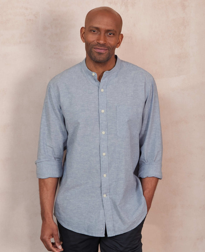Men's Denim Blue Linen Cotton Classic Fit Grandad Collar Casual Shirt model shot 1