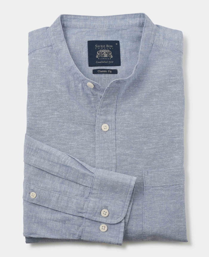 Men's Denim Blue Linen Cotton Classic Fit Grandad Collar Casual Shirt folded