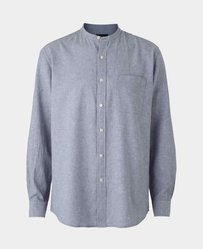 Men's Denim Blue Linen Cotton Classic Fit Grandad Collar Casual Shirt mannequin