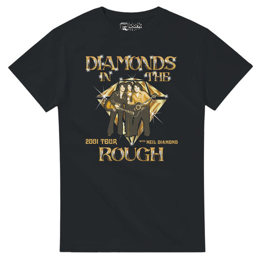 A retro, 70s style black t-shirt that says "Diamonds in the Rough 2001 Tour with Neil Diamond" in sparkly and glittering golden letters with an image of the three performers holding acoustic and electric guitars against a backdrop of a shining golden yellow diamond. References the romantic comedy movie Saving Silverman starring Darren Silverman (Jason Biggs), Wayne LeFessier (Steve Zahn), and J.D. McNugent (Jack Black), fans of Neil Diamond with a tribute band.
