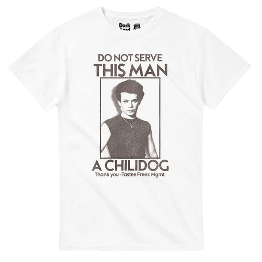A white colored, 80s style vintage t-shirt that says "DO NOT SERVE THIS MAN A CHILIDOG, Thank you - Tastee Freez Mgmt." with an image of iconic rock and folk singer and songwriter John Cougar Mellencamp in a black and white image, surrounded by a rectangular line. References Mellencamp's famous hit song "Jack & Diane" which has lyrics "Suckin' on a chili dog outside the Tastee Freez" and the music video shows Diane sitting on Jacky's lap with a chilidog in her hands.