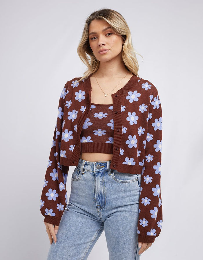 All About Eve Dolly Knit Crop Cardigan in Brown Floral