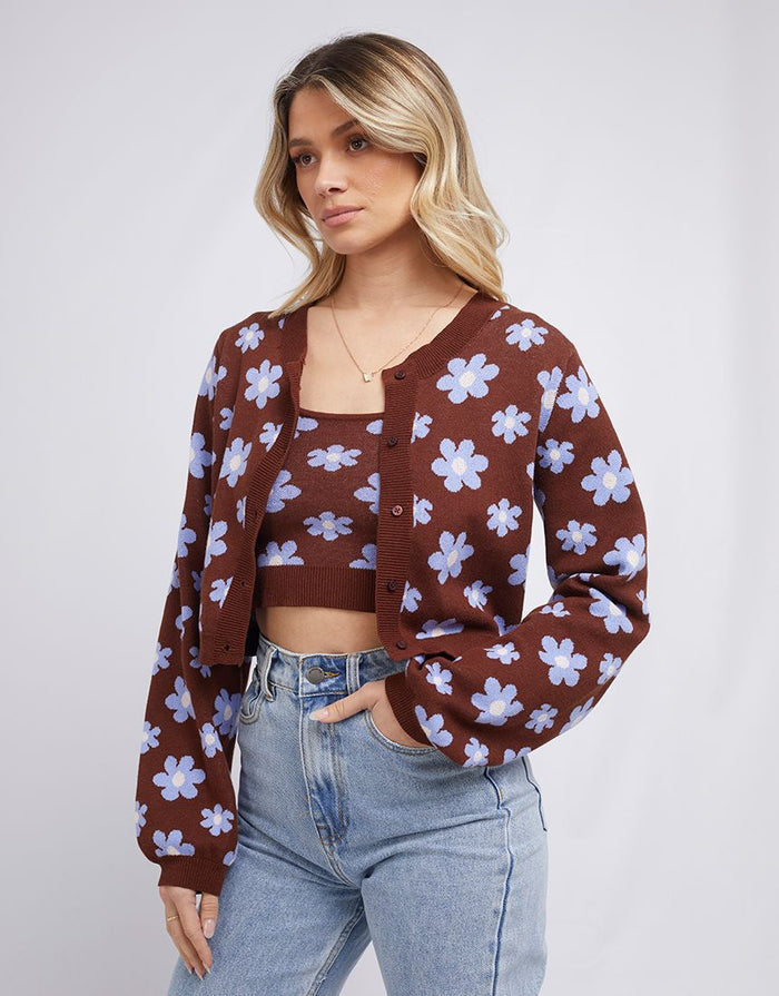All About Eve Dolly Knit Crop Cardigan in Brown Floral