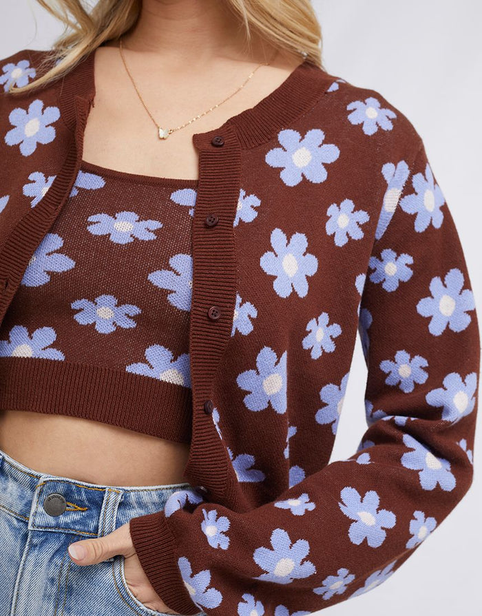 All About Eve Dolly Knit Crop Cardigan in Brown Floral
