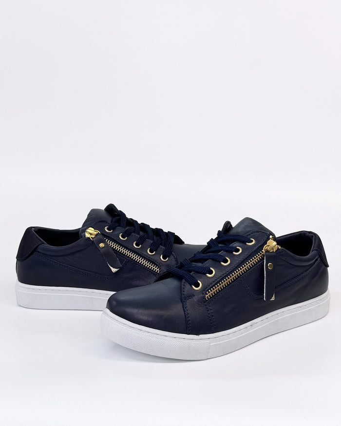 Cabello Women's EG520 Navy Leather Zip up Sneaker | Gretel Lane