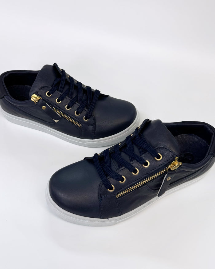 Cabello Women's EG520 Navy Leather Zip up Sneaker | Gretel Lane