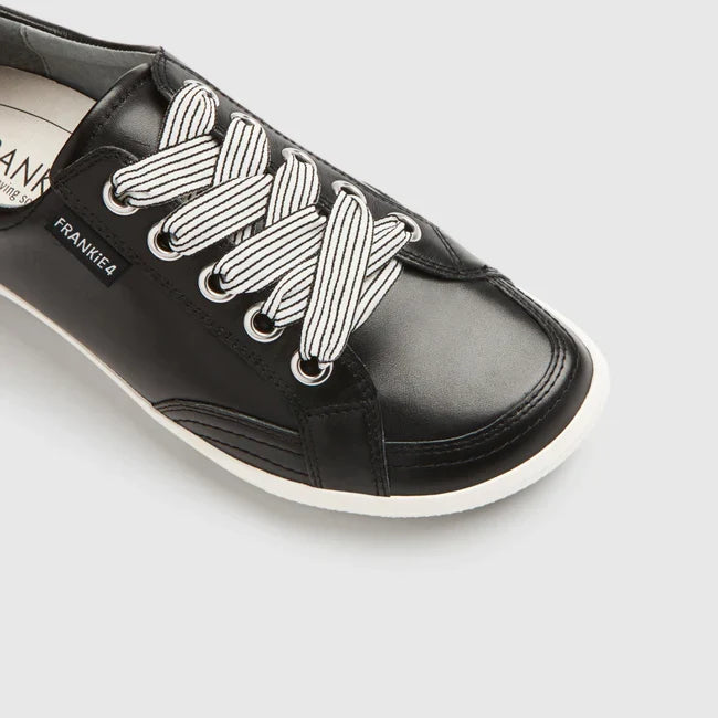 Black women's fashion sneakers black leather lace-up