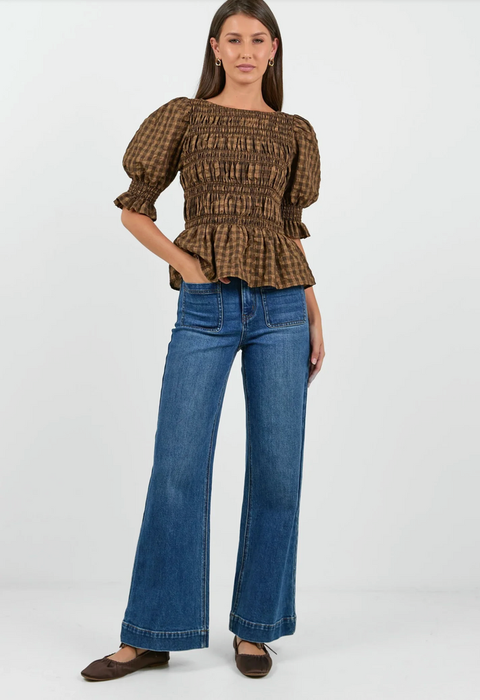 Stories Be Told Enclasp Shirred Body Long Sleeve Top in Chocolate and Caramel Check | Women's Tops | Gretel Lane