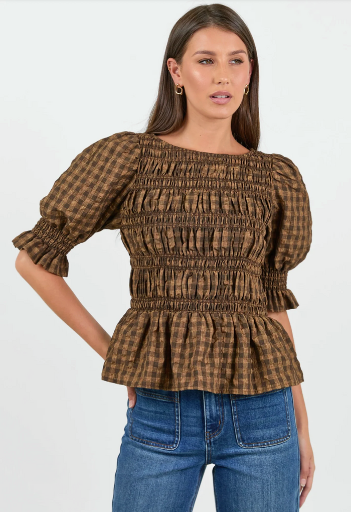 Stories Be Told Enclasp Shirred Body Long Sleeve Top in Chocolate and Caramel Check | Women's Tops | Gretel Lane