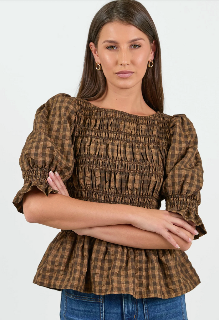 Stories Be Told Enclasp Shirred Body Long Sleeve Top in Chocolate and Caramel Check | Women's Tops | Gretel Lane
