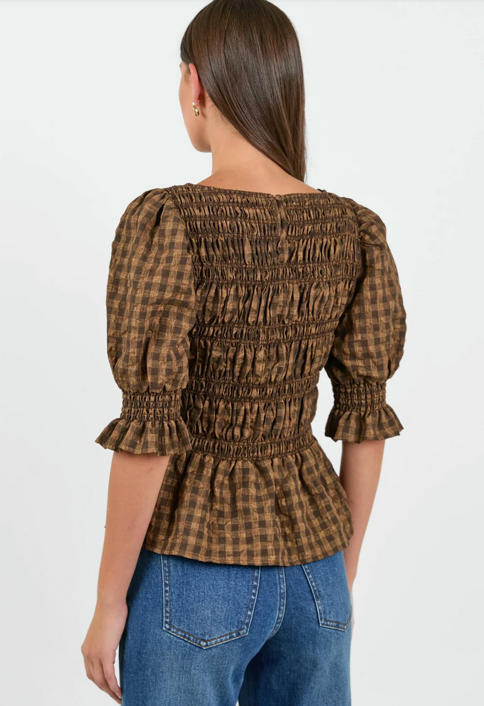 Stories Be Told Enclasp Shirred Body Long Sleeve Top in Chocolate and Caramel Check | Women's Tops | Gretel Lane