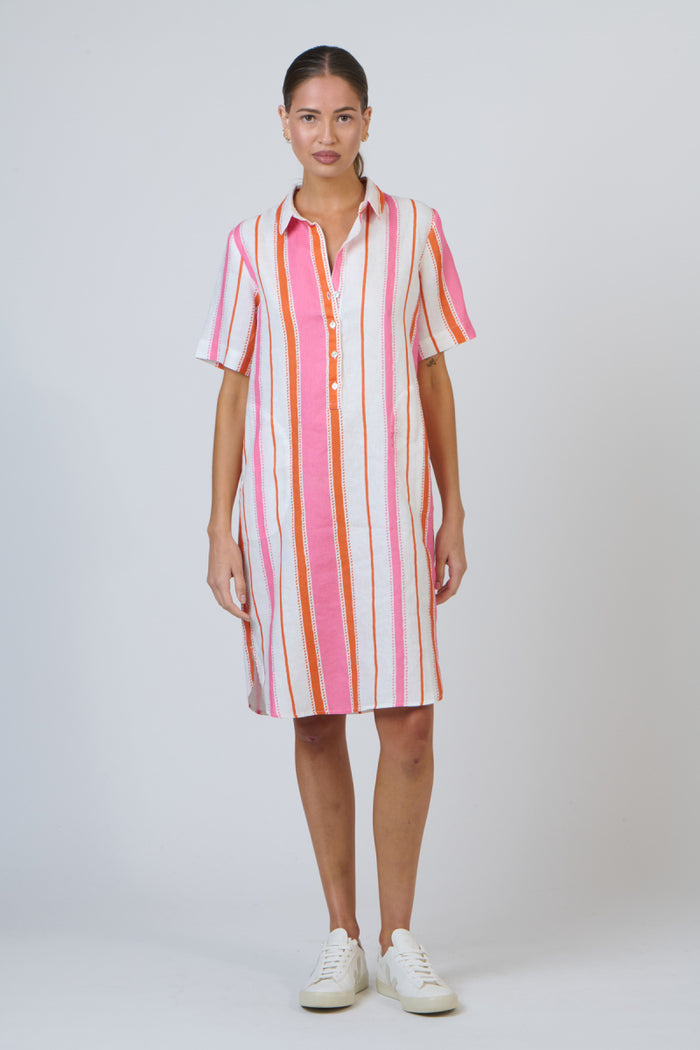 striped linen shirt dress women pink orange | summer dress