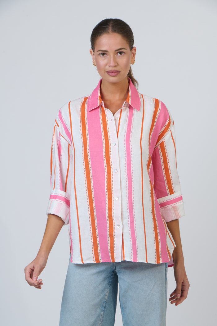 women’s 100% linen pareo shirt in pink, orange and white stripes