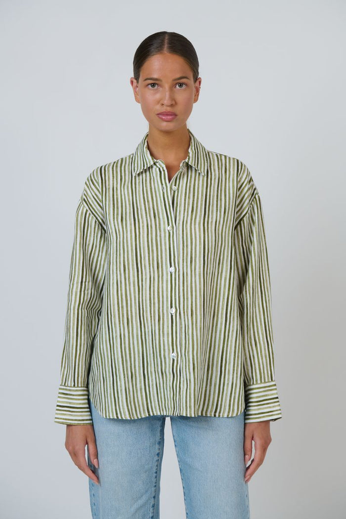 Enveloppe ENVL-148 Women's Linen Button Through Shirt Gum Stripe | Women's Clothing | Gretel Lane