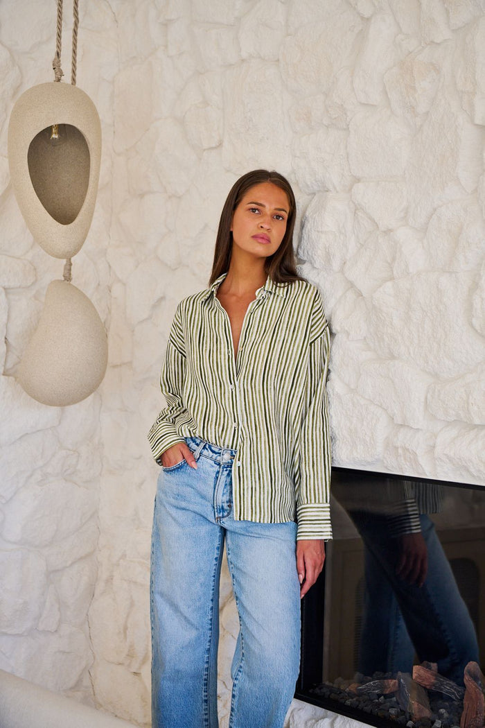 Enveloppe ENVL-148 Women's Linen Button Through Shirt Gum Stripe | Women's Clothing | Gretel Lane