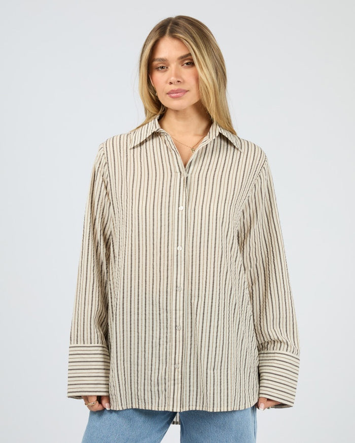All About Eve Eva Seersucker Brown Stripe Shirt | Women's Clothing | Gretel Lane