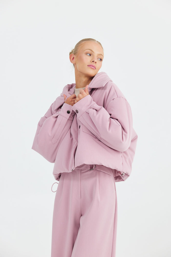 Pink cropped quilted puffer winter jacket