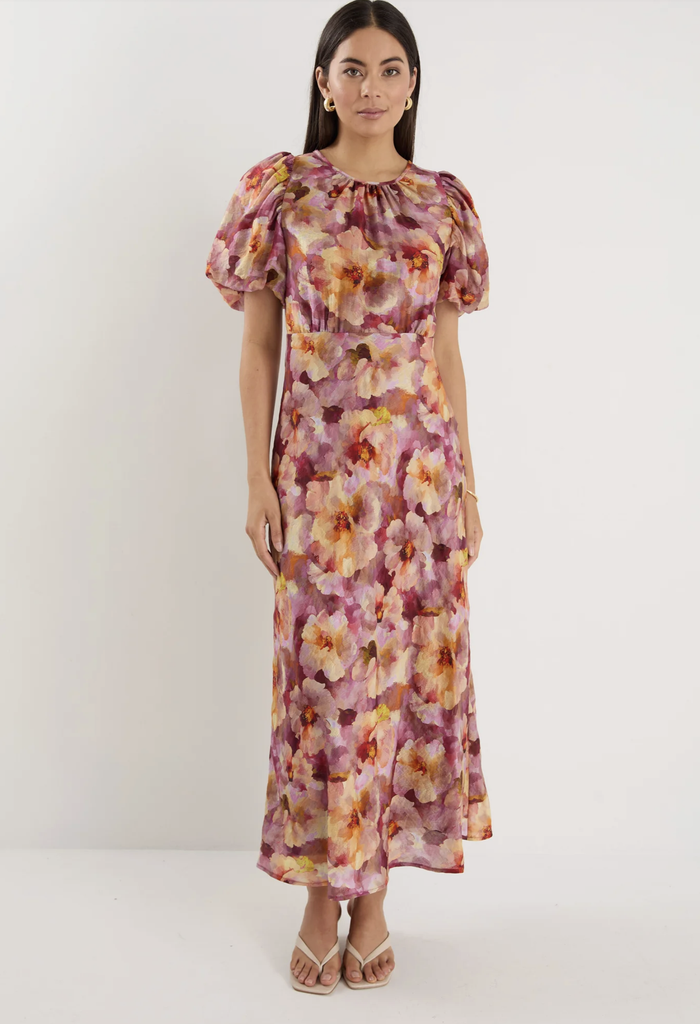 Georgia Zoe Exquisite Puff Sleeve Midi Dress in Pink Multi Floral | Women's Dresses | Gretel Lane